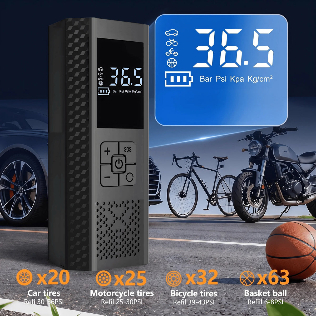 Inflador eléctrico portátil con medidor digital